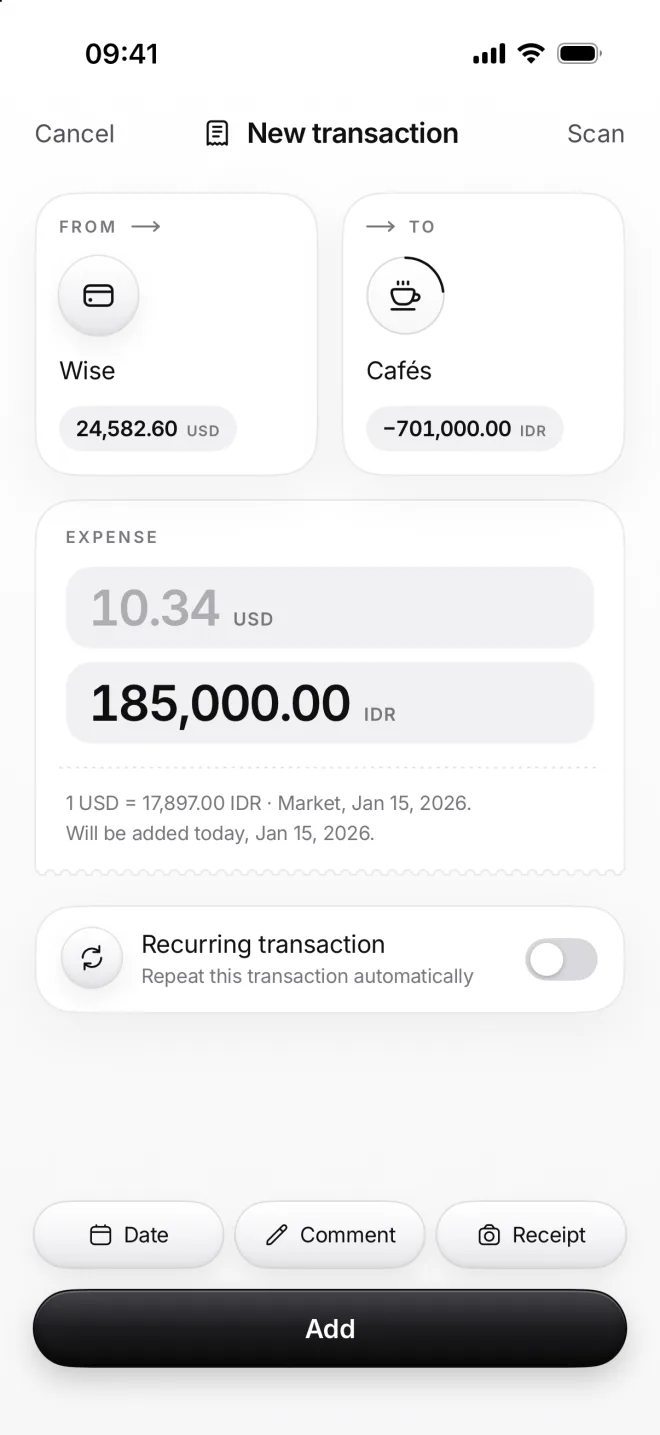 New transaction in two currencies: 185,000 IDR from a dollar card, 10.34 USD worked out at the day’s rate